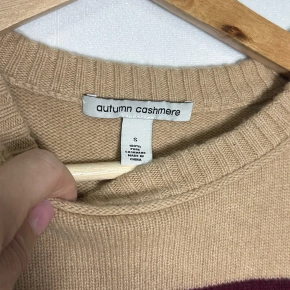 Autumn Cashmere Striped 100% Cashmere Side Button Sweater Tan Burgundy - Small - Picture 3 of 4